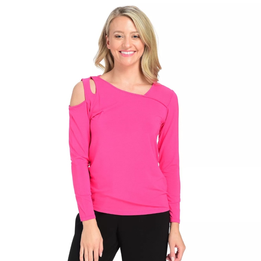 Women’s Mod X Pink Jersey Knit Long‎ Sleeve Shoulder Cutout V-Neck Top
